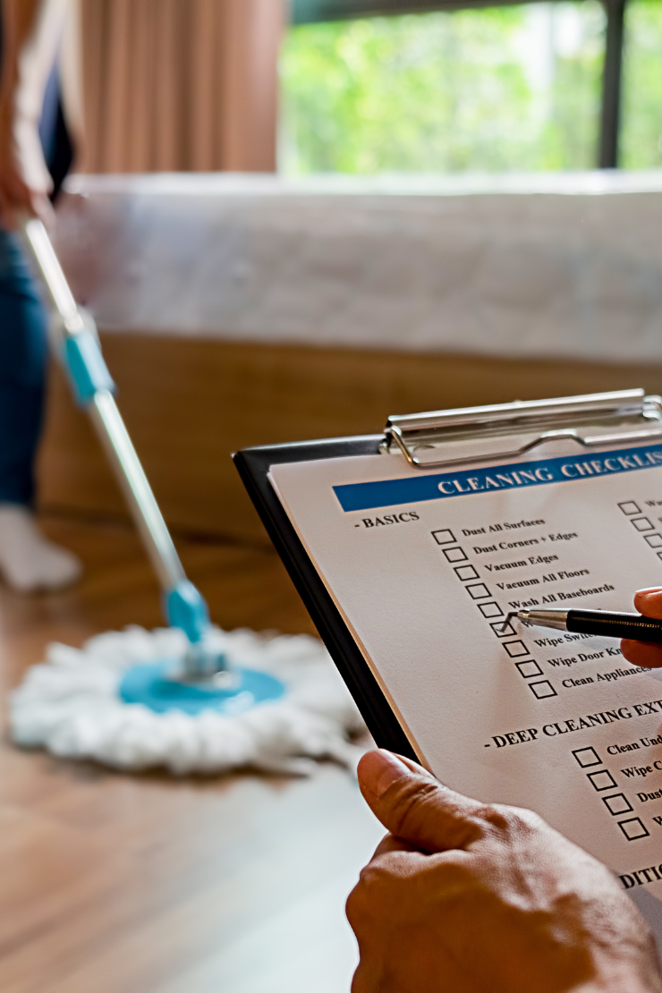 Checklist de limpeza com produtos e equipamentos